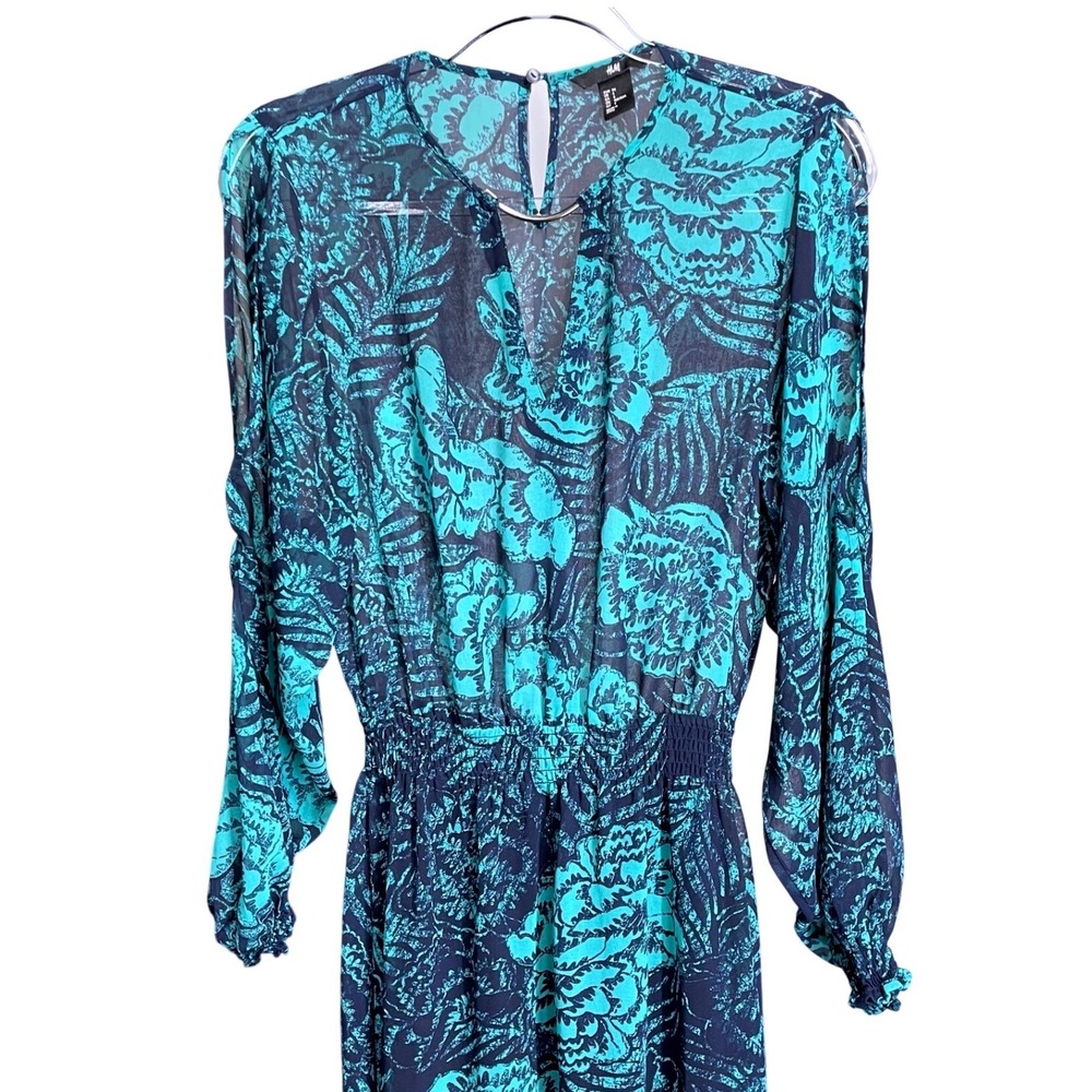 H&M Women Teal Navy Floral Chiffon Maxi Dress Size 6 Metal Bar VNeck Long Sleeve - Picture 4 of 9